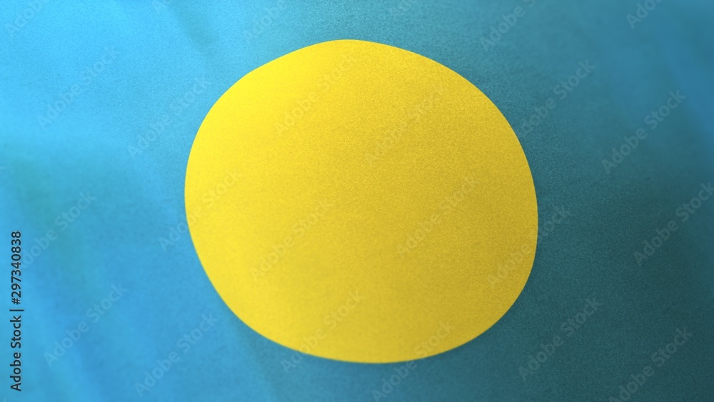 locked full-screen close shot of the national flag of Palau waving in the wind. The 3D rendering banner/emblem is made of realistic satin texture and rendered in a daylight situation. locked full-screen close shot of the national flag of Palau waving in the wind. The 3D rendering banner/emblem is made of realistic satin texture and rendered in a daylight situation.
