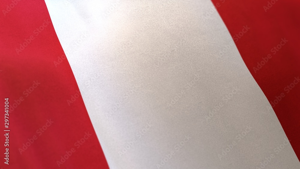 3D rendering of the national flag of Peru waving in the wind. The banner/emblem is made of realistic satin texture and rendered in a daylight situation. 