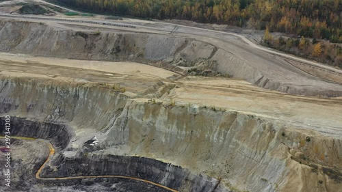 Aerial view of huge open pit brown coal mine (lignite coal quarry), fossil fuel open-cast mining facility - landscape panorama of Turow from above, Bogatynia, Poland, Europe photo