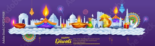 illustration of burning diya on happy Diwali Holiday background for light festival of India
