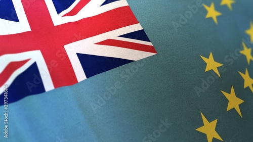 3D rendering of the national flag of Tuvalu waving in the wind. The banner/emblem is made of realistic satin texture and rendered in a daylight situation.  photo