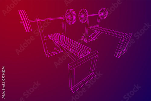 Barbell with weights. Gym equipment. Bodybuilding, powerlifting, fitness concept. Wireframe low poly mesh vector illustration.