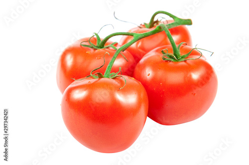 Branch of fresh red tomatoes isolated on white background.