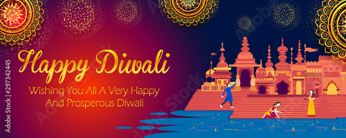 illustration of Indian people celebrating on Happy Diwali Hindu Holiday background for light festival of India