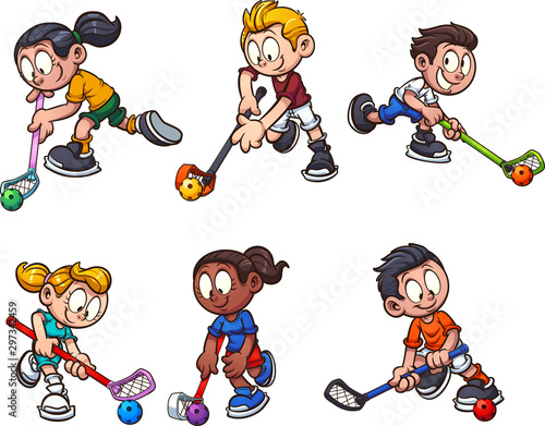 Cartoon boys and girls playing floorball clip art. Vector illustration with simple gradients. Each on a separate layer. 
