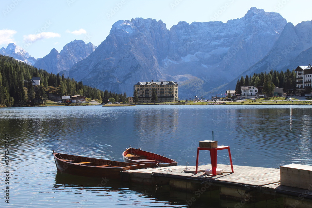 boat on lake by Misurina (water,mountain,landscape,travel,sky,blue,acqua,montagna,paesaggio,panorama,viaggio,cielo,blue)