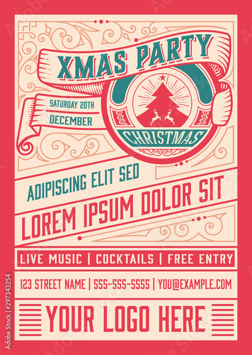 Christmas party invitation retro typography and ornament decoration. Christmas holidays flyer or poster design.