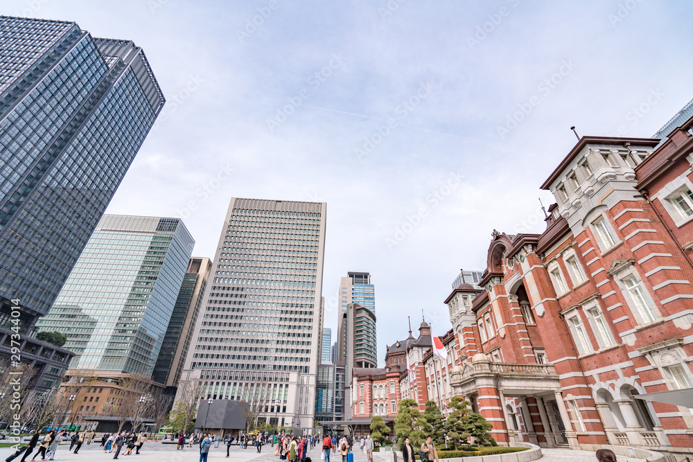 TOKYO, JAPAN - March 25 2019: Tokyo Station in Tokyo, Japan. Open in 1914, a major a railway station near the Imperial Palace grounds and Ginza commercial district