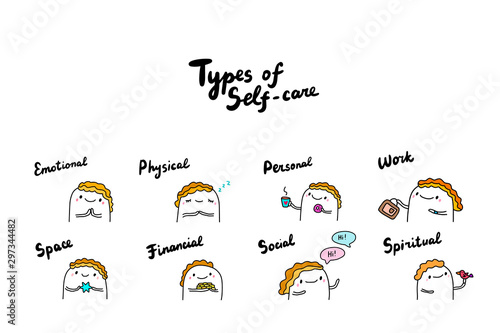 Types of self care hand drawn vector illustration in cartoon comic style
