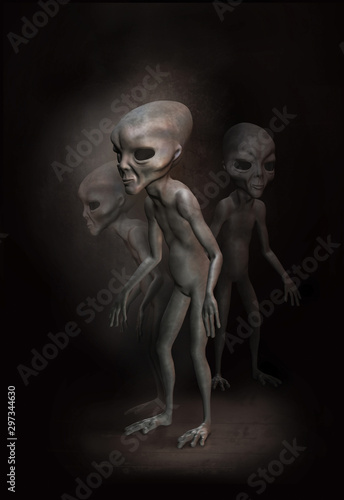 Three grey aliens on the dark background. 3 d illustration. Digital art.