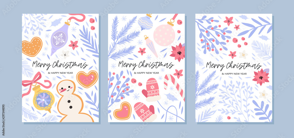 Christmas or new year greeting card collection or set with different floral elements and christmas tree decorations. Winter theme greeting post card or invitation to a party. Cute vector illustration.