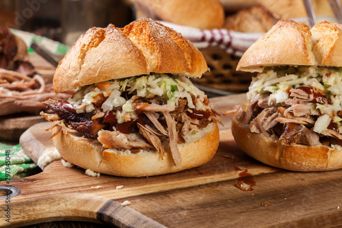 Homemade pulled pork burger with coleslaw salad