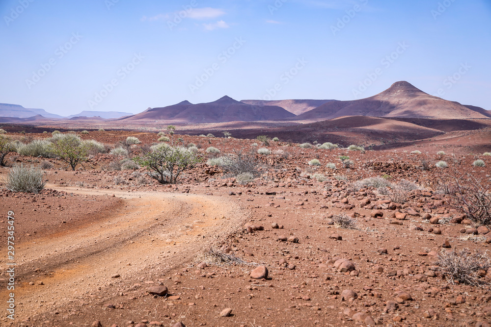 Piste au milieu du paysage aride du désert du Damaraland en Namibie - Afrique
