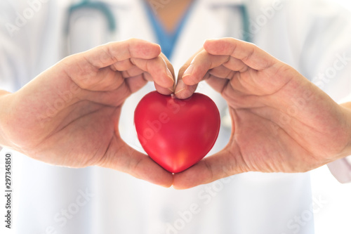 Cardiologist with cardio disease healthcare concept. Red heart in doctor physician hand. photo