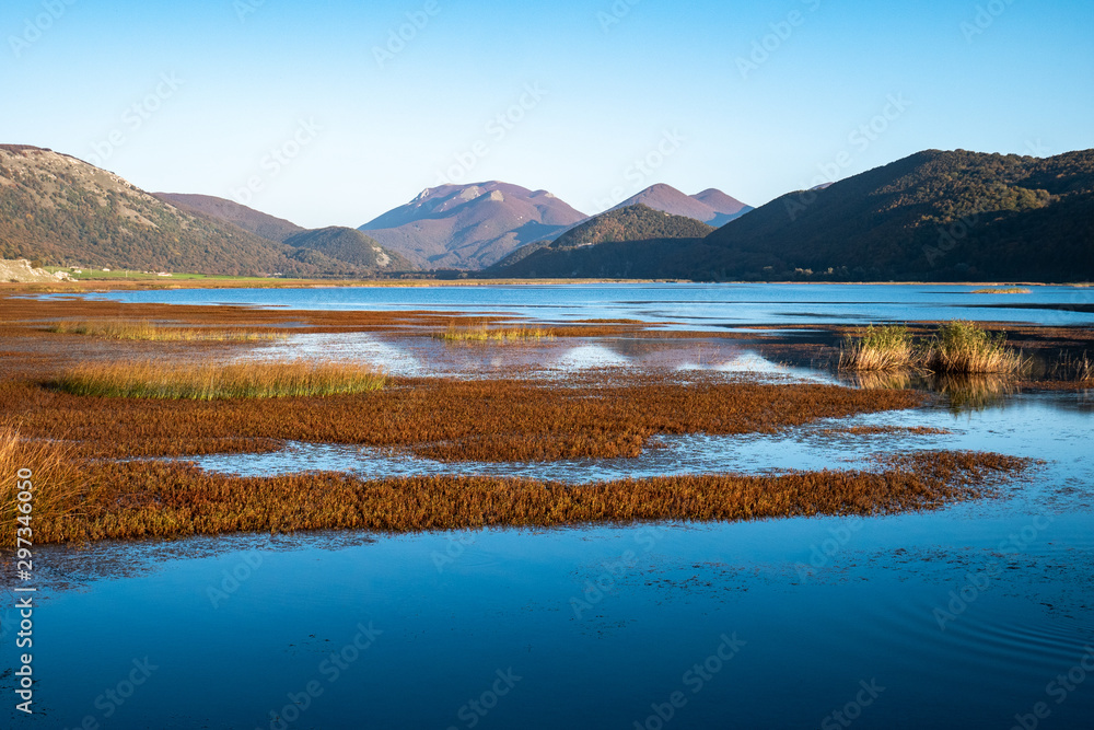 Lake Matese with Mutria Mount in background. Matese national park, Italy