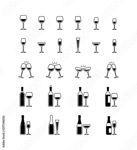 Wine and champagne glasses, bottles, black and white icons. Vector