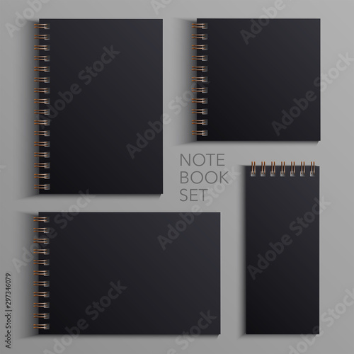 Template for advertising, branding and corporate identity. Set of realistic spiral black notepad. Blank mockup for design. Vector white object. EPS 10