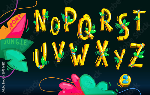 Jungle wood yellow font set on the dark background. Cartoon kids vector illustration