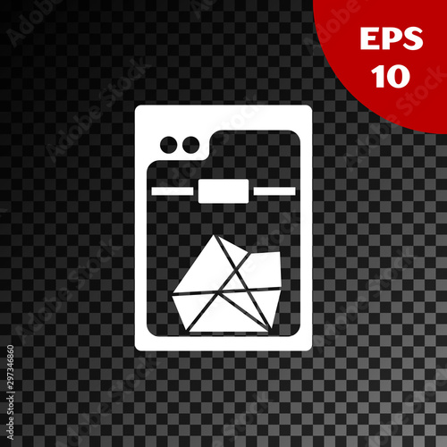 White 3D printer icon isolated on transparent dark background. Vector Illustration