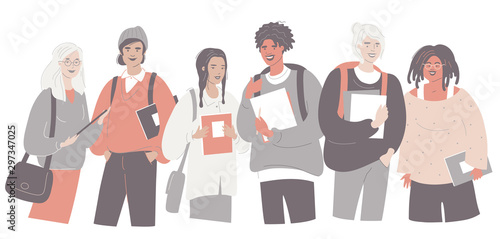 Group of teenagers college students. Vector flat illustration.