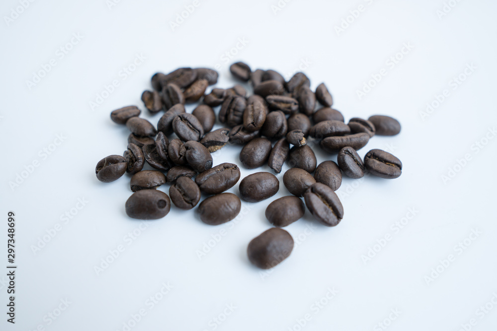 Coffee bean or beans isolated on white background with great texture and ambiance for menu or cafe or design materials
