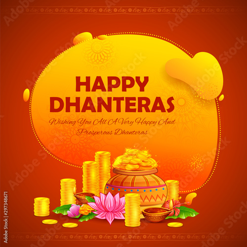 illustration of Gold coin in pot for Dhantera celebration on Happy Diwali light festival of India background