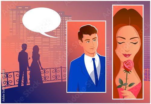 Beautiful couple in the night city. Silhouette of lovers in the distance. And separately, a close-up of a man and a woman with a gift of a rose.  Vector comic book illustration with place for text.