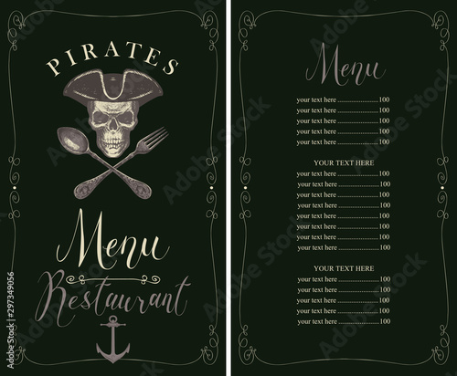 Vector menu for fresh seafood with hand-drawn human skull in pirate hat and crossed fork and spoon. Template of pirate menu with price list in frame with curls in retro style
