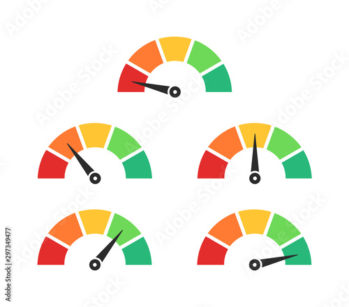 Speed metering icon. Speedometer with arrow. Set of low to high power levels. Vector rating.
