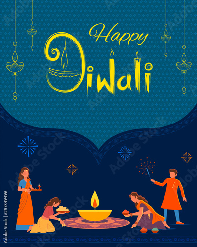 illustration of Indian people celebrating on Happy Diwali Hindu Holiday background for light festival of India