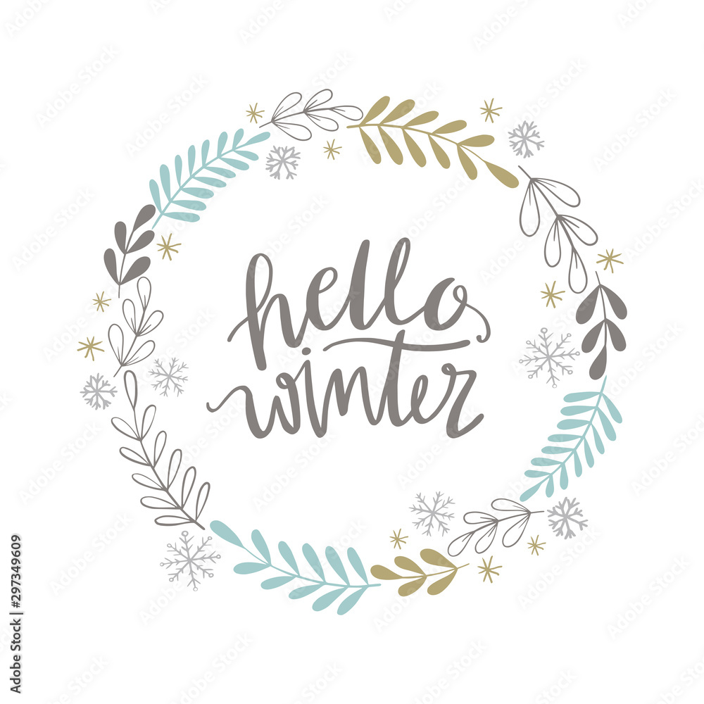 Hello winter wreath vector illustration. Hand drawn christmas botanical wreath. Greeting card, stationery, poster design. 