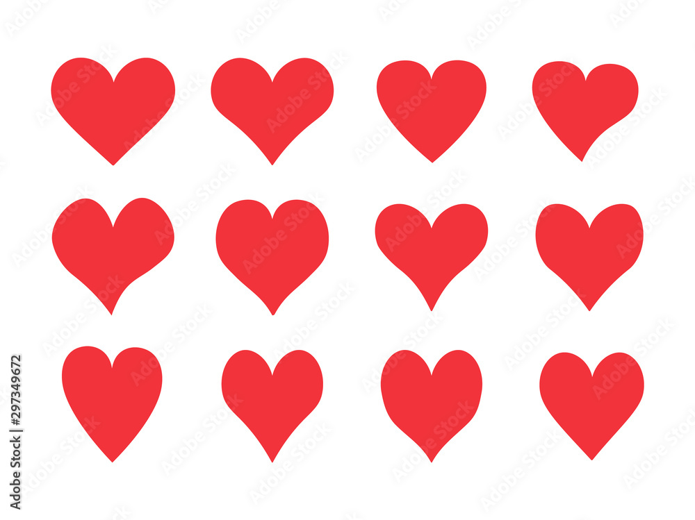 Hand drawn heart icons. Collection of red hearts.