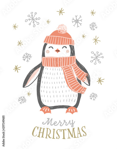 Christmas penguin vector illustration. Cute hand drawn penguin in winter hat and scarf with snowflakes. Merry Christmas greeting card design.