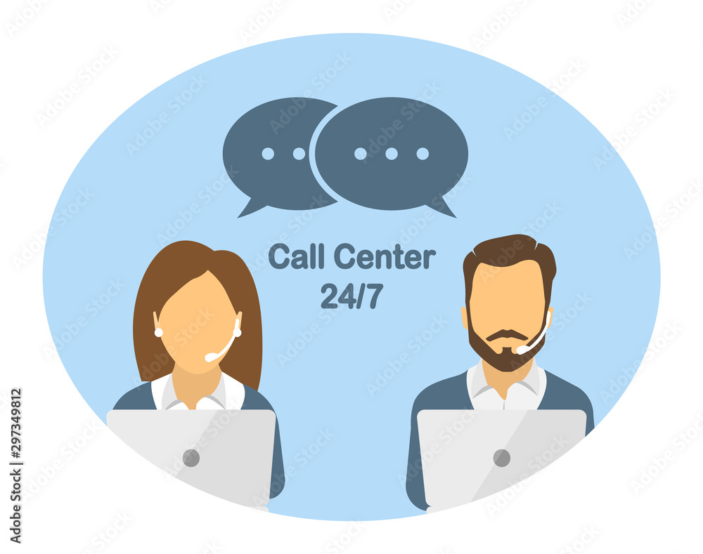 Call center. Costumer support service. Male and female call center avatars. Vector illustration in flat style. Call center. Costumer support service. Male and female call center avatars. Vector illustration in flat style.