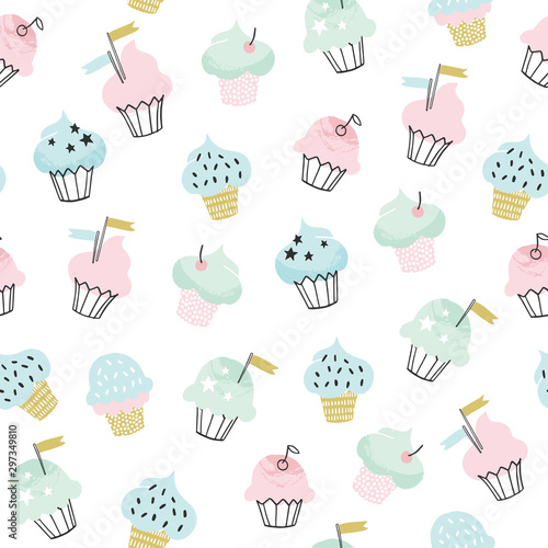 Cupcake vector pattern. Hand drawn cute cupcakes seamless background for party, birthday, greeting cards, gift wrap, stationery. 