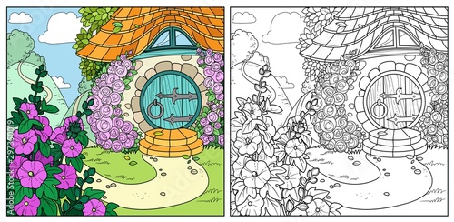 Summer fairy tale home with flowers color and outlined isolated on a white background