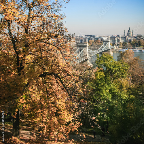 Le pont à chaînes Széchenyi est situé en plein cœur de la ville de Budapest au dessus du Danube. Vue en automne depuis la colline du château de Buda photo