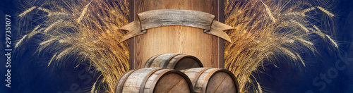 Fotografie Signboard of brewing factory in retro style with wooden board and ribbon for text, oak casks and wheat ears