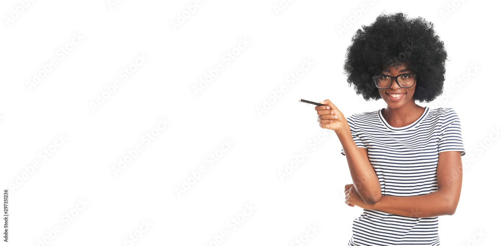 Happy afro woman with a pen isolated on white background. - obrazy, fototapety, plakaty 