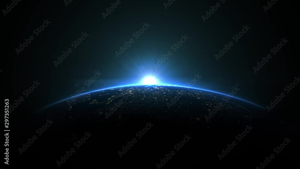 Sunrise over earth as seen from space. With stars background. 3d realistic animation 4k Sunrise over earth as seen from space. With stars background. 3d realistic animation 4k