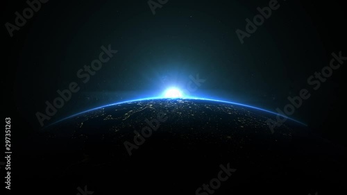 Sunrise over earth as seen from space. With stars background. 3d realistic animation 4k