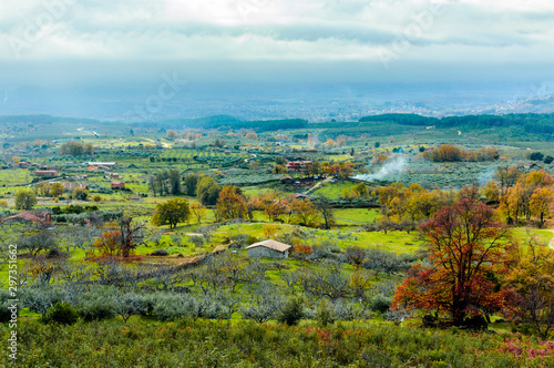 Autumnal Print With A Landscape Full Of Vegetation Farms And Large Green Pastures In The Freillo. December 15  2018. El Raso Avila Castilla Leon Spain Europe. Travel Tourism Street Photography.