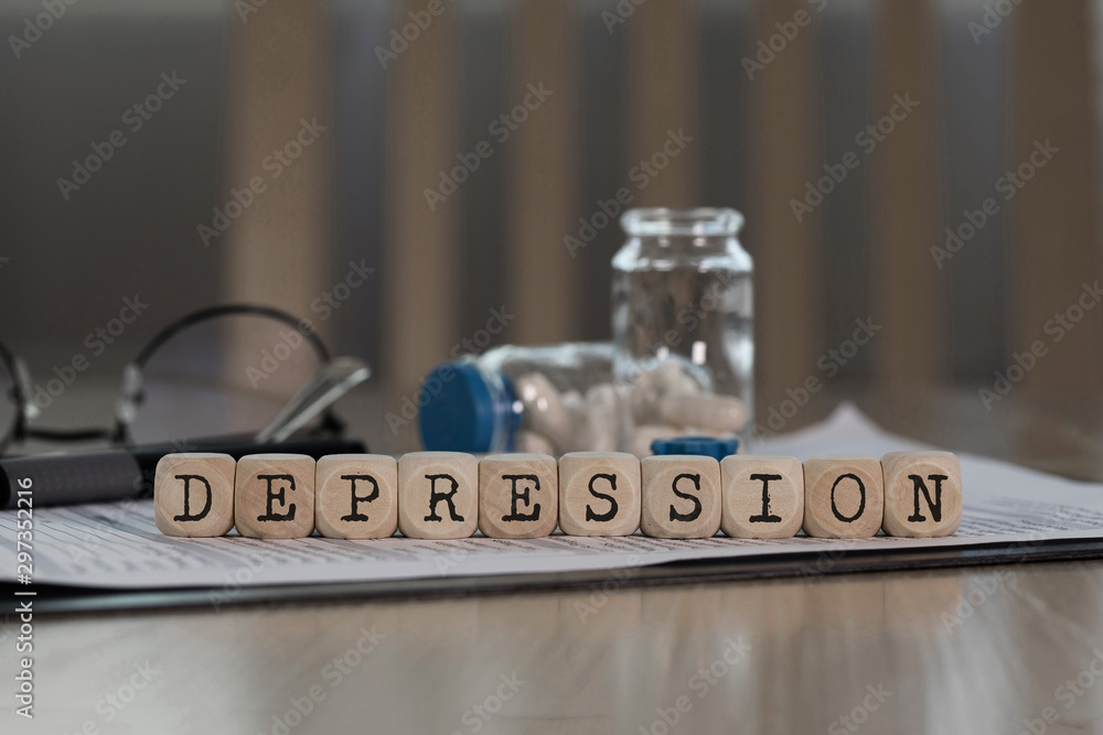 Word DEPRESSION composed of wooden dices. - obrazy, fototapety, plakaty 