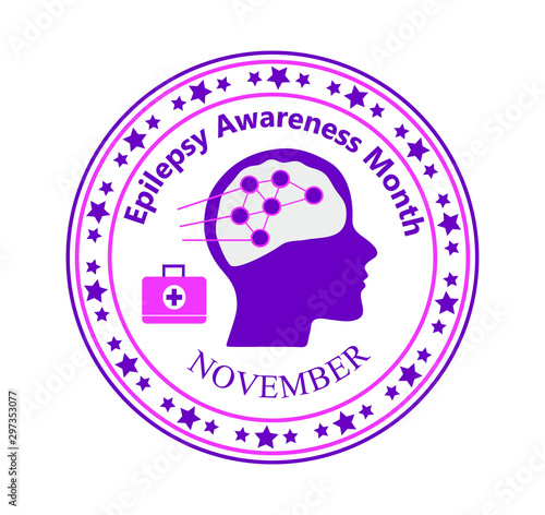 Epilepsy Awareness Month is organized on November in United States. Purple ribbon, brain, stars are shown.