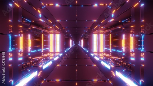 futuristic metal sci-fi space tunnel corridor 3d illustration wallpaper background glowing lights and reflections