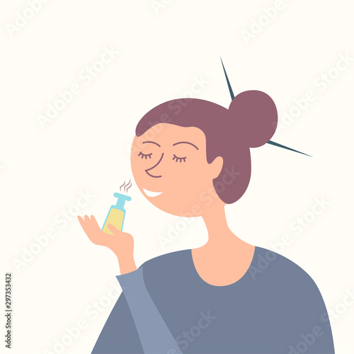 Woman smelling essential oil. Aromatherapy. Incenses. Sandalwood. Spa treatment. Cosmetology. Feng shui. Vector