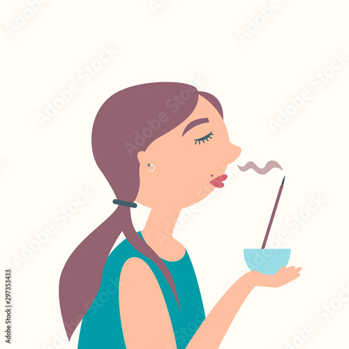 The girl smells of incense. Aroma sticks. Aromatherapy. Feng shui. Sandalwood. Fragrant smoke. Spa. Vector