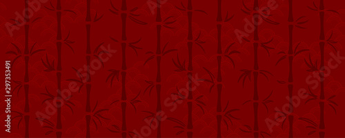 Hand drawn red background in oriental style with bamboo trees, pattern texture. Vector illustration. Concept for Chinese New Year holiday banner, print, packaging, wrapping paper. Flat style design.