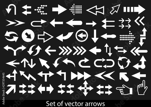 Vector set of white arrows on a black background.