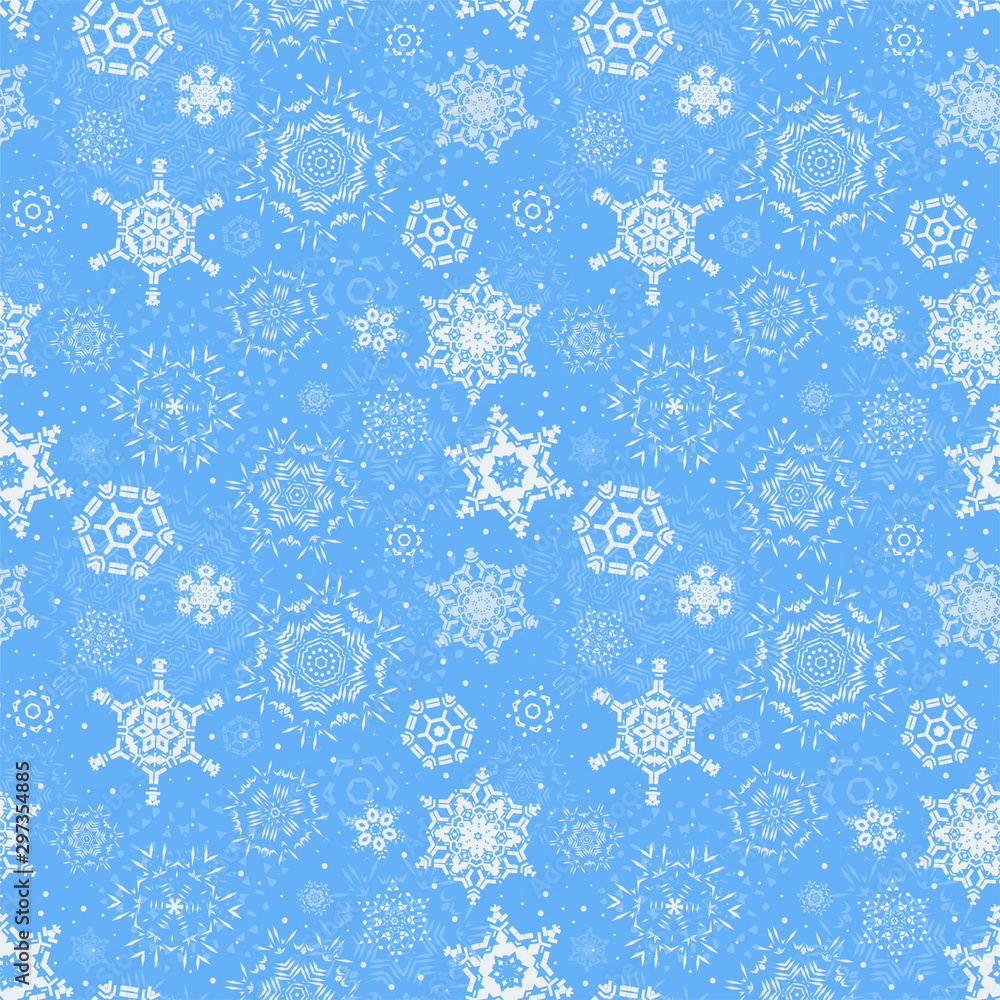 White snowflakes on blue background seamless pattern. Falling snow background. Winter print. Christmas frosty holiday concept. Vector illustration. White snowflakes on blue background seamless pattern. Falling snow background. Winter print. Christmas frosty holiday concept. Vector illustration.